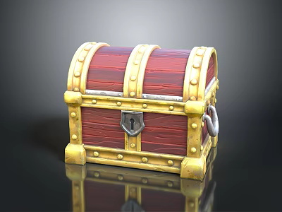 Vintage Wooden Treasure Chest With Red Body Golden Rivets And Lock 3d model