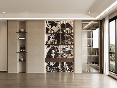 Modern Wine Cabinet With Marble Backdrop Glass Doors And Wine Bottles 3d model
