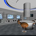 Modern Sleek Control Room With Multiple Screens Round Conference Table Orange Chairs And Blue Lighting