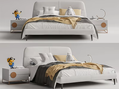White Kids Bed With Minion Toy Matching Nightstand Gray Yellow Bedding Modern Simple Style 3d model