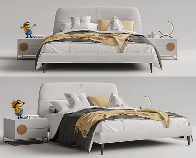 White Kids Bed With Minion Toy Matching Nightstand Gray Yellow Bedding Modern Simple Style 3d model