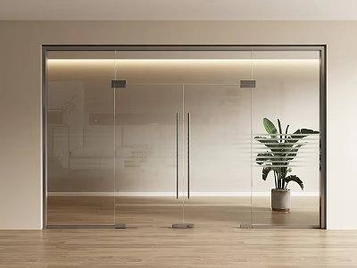 Modern Glass Double Doors With Metal Frame And Green Plant In Interior 3d model