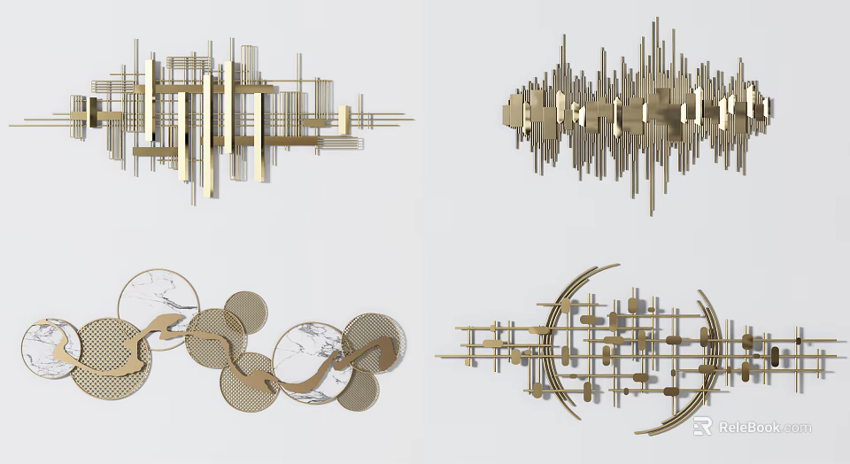Modern Geometric Wall Decor With Golden Metal Abstract Patterns And Creative Structures 3d model 