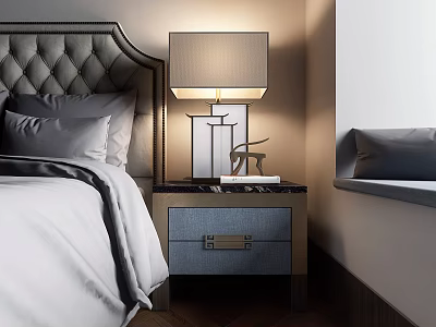 Modern Bedroom Nightstand With Drawer Marble Top Table Lamp And Decorative Figurine 3d model