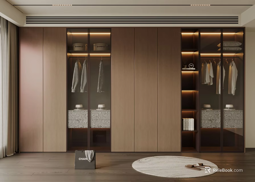 Modern Sleek Wardrobe With Glass Front Doors LED Strip Lighting And Storage Shelves 3d model 