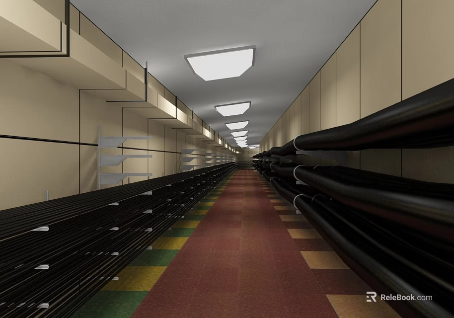Long Industrial Corridor Featuring Black Pipes Red Carpet Yellow Green Squares And White Ceiling Lights 3d model 