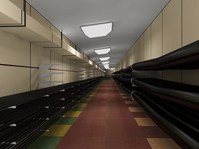 Long Industrial Corridor Featuring Black Pipes Red Carpet Yellow Green Squares And White Ceiling Lights 3d model