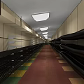 Long Industrial Corridor Featuring Black Pipes Red Carpet Yellow Green Squares And White Ceiling Lights