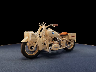 Vintage BMW Motorcycle With Light Colored Body And Side Cases On Black Background Display Platform 3d model