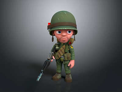 Detailed 3D Cartoon Soldier Character in Green Military Uniform with Rifle Helmet and Backpack 3d model