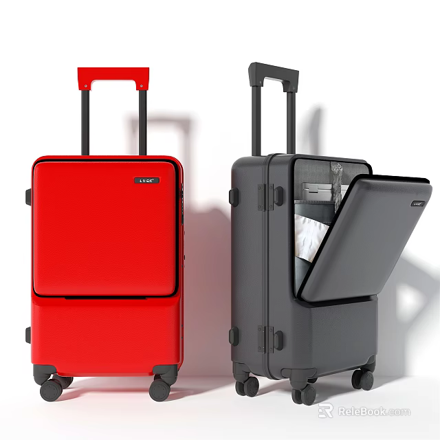 Red And Gray Suitcases Open And Closed With Organized Items Inside For Travel 3d model 