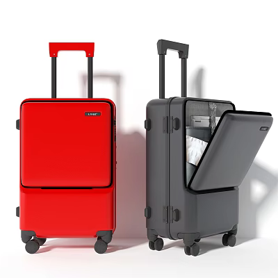 Red And Gray Suitcases Open And Closed With Organized Items Inside For Travel 3d model