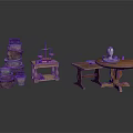 Vintage Furniture Collection With Round Wooden Table Small Table Pottery Jars Scale And Tea Set