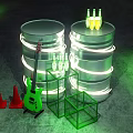 Neon Lit Silver Barrels With Yellow Bottles Green Guitar Red Cones And Metal Racks