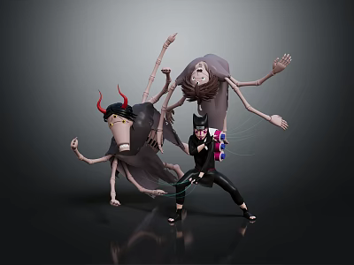 Various Artistic Designed Dolls With Horns Tall Figure Black Outfit And Dynamic Poses 3d model