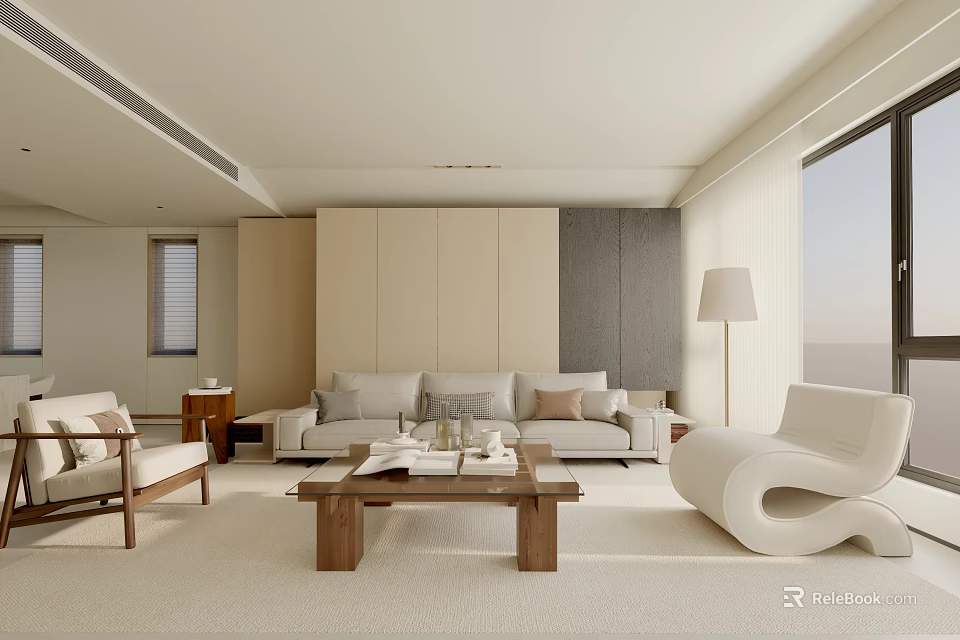 Modern Living Room Interior Design With Sofa Coffee Table Armchair And Floor To Ceiling Window 3d model 
