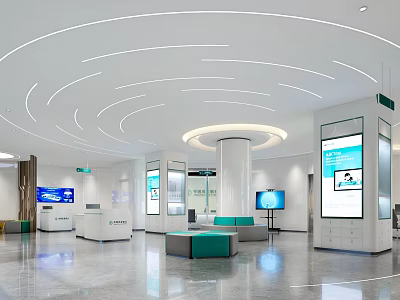 Modern Service Hall Interior With Circular Ceiling Lights Service Counters Green Seats And Digital Screens 3d model