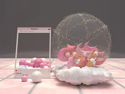 Pink Check in Photo Spot with Cloud Base Starry Transparent Sphere and Plush Decorations 3d model