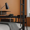 Modern Metal Bunk Bed With Gray Pillows Blanket Lower Bunk Wooden Desk Lamp Orange Wall White Curtains