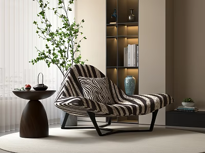 Zebra Pattern Single Sofa in Modern Living Room with Side Table Potted Plant and Bookshelf 3d model