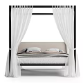 Four Poster Double Bed With Black Frame White Drapes And Striped Blanket 3d model