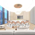 Modern Private Box Luxurious Interior With Round Dining Table Chandelier Comfortable Sofa And Large Windows 3d model