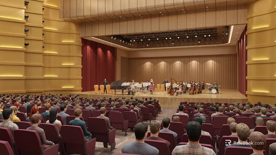 Concert Hall Interior Orchestra Performing On Stage With Audience In Red Seats 3d model 