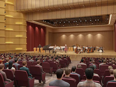 Concert Hall Interior Orchestra Performing On Stage With Audience In Red Seats 3d model