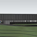 Modern Waterfront Sales Office Building With Urban Skyline And Green Landscaping