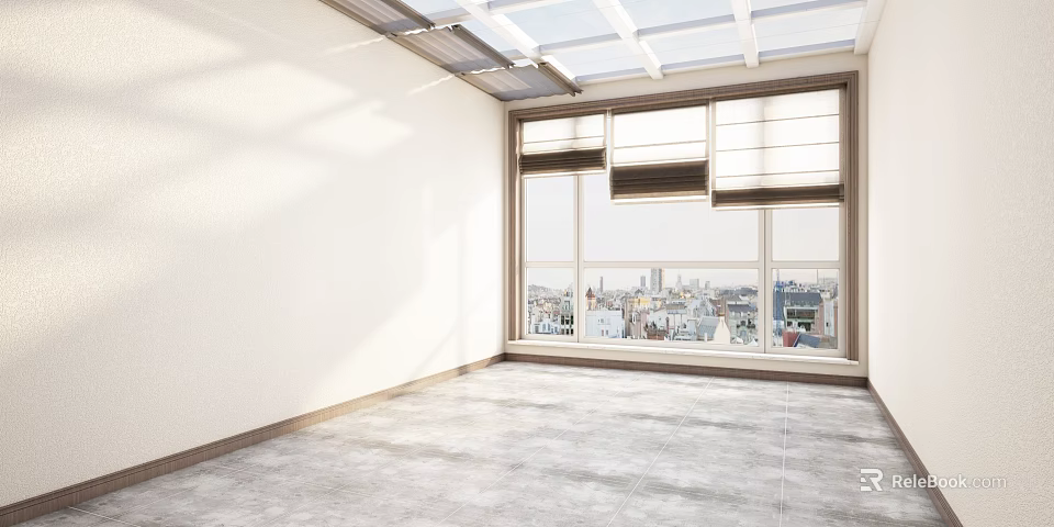 Villa Balcony With Large Windows City View Glass Skylight Grey Tiled Floor White Walls 3d model 
