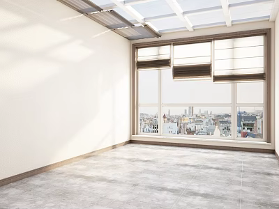 Villa Balcony With Large Windows City View Glass Skylight Grey Tiled Floor White Walls 3d model