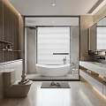 Modern Bathroom Interior With Freestanding Bathtub Slatted Wooden Walls Large Mirror And Vanity Counter