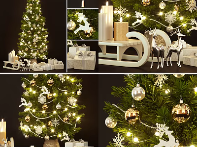 Festive Christmas Tree Decorations With Baubles Lights Reindeer Sleigh And Gift Boxes 3d model