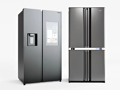 Modern Black Refrigerators Featuring French Door Water Dispenser And Bottom Freezer Design 3d model