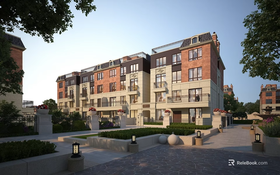 Multi story Townhouse With Red Brick Exterior Light Colored Walls And Landscaped Garden 3d model 