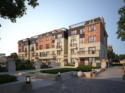 Multi story Townhouse With Red Brick Exterior Light Colored Walls And Landscaped Garden 3d model