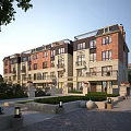Multi story Townhouse With Red Brick Exterior Light Colored Walls And Landscaped Garden