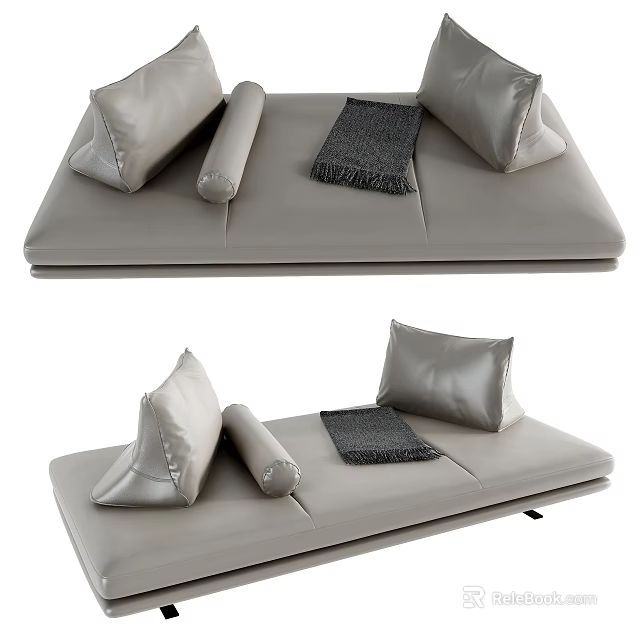 Light Gray Leather Ottoman With Decorative Pillows Roll Cushion And Throw Blanket 3d model 