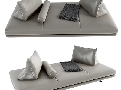 Light Gray Leather Ottoman With Decorative Pillows Roll Cushion And Throw Blanket 3d model