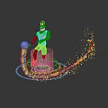 Game Movie Character in Orange Blue Outfit Holding Ball with Glowing Rings and Sparkling Particles