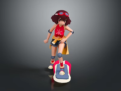 Anime Style Game Character With Red Hair Goggles Red Top Blue Shorts Knee Pads Skateboard 3d model