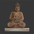 Wooden Buddha Statue In Sitting Pose On White Marble Base With Intricate Details