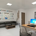 Modern Bright Office Interior With Desk Computer Folders Display Boards And Windows Blinds 3d model