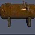 Rusty Industrial Metal Storage Tank with Support Stand and Surface Markings