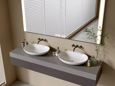 Modern Bathroom Vanity With Double Sinks Large Mirror Toiletries And Small Plant On Counter 3d model