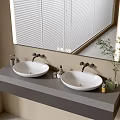 Modern Bathroom Vanity With Double Sinks Large Mirror Toiletries And Small Plant On Counter