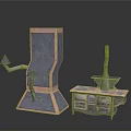 Vintage Kitchen Stove Furniture With Tall Curved Pipe Pointed Top And Low Cabinet Drawers Chimney