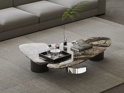 Modern Coffee Table Featuring Marble Top Black Metal Legs Green Plant And Book 3d model