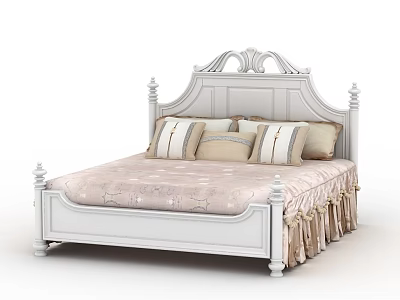 Elegant White Double Bed With Carved Headboard Ornate Posts And Pink Patterned Bedspread 3d model