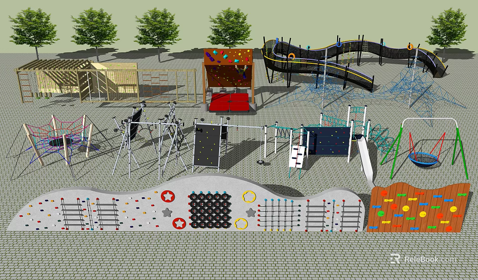 Outdoor Playground Equipment With Climbing Frames Slides Swings And Activity Structures 3d model